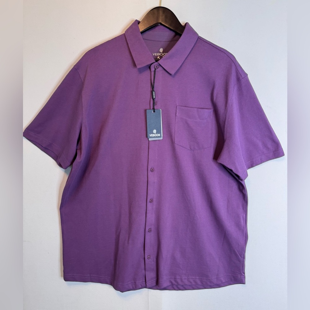 Veboon Mens Lux Cotton Button Down Shirt sz XL Purple short sleeve Dynamic Flex
